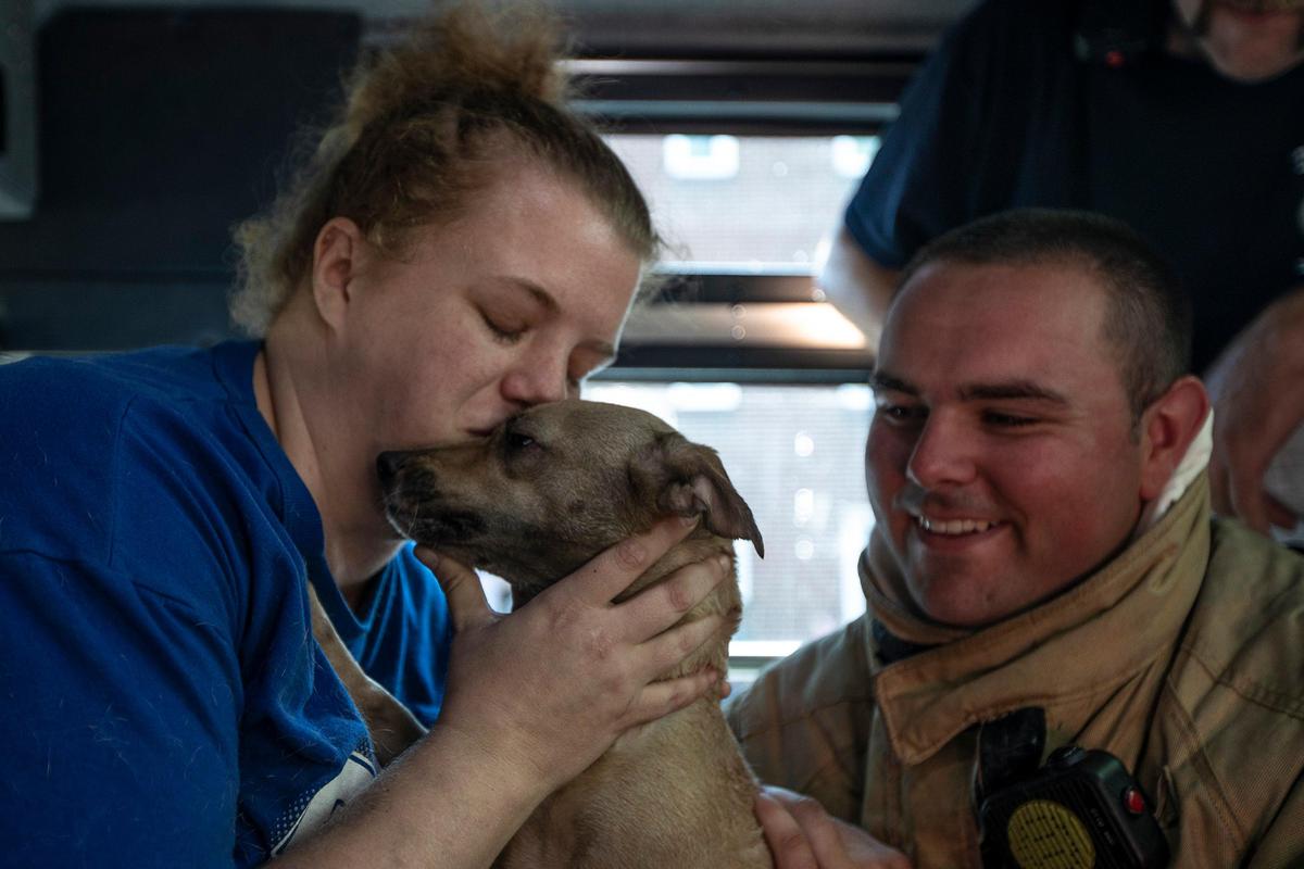 Krista McLaughlin kisses her dog, Bella, a 4-year old chihuahua-Jack Russell Terrier mix, who was caught on the third floor of a structure fire at Lyndhurst Place in Lexington, Ky., Tuesday, July 9, 2019. First responders from the Lexington Fire Department, including David Baker, right, revived the dog.
