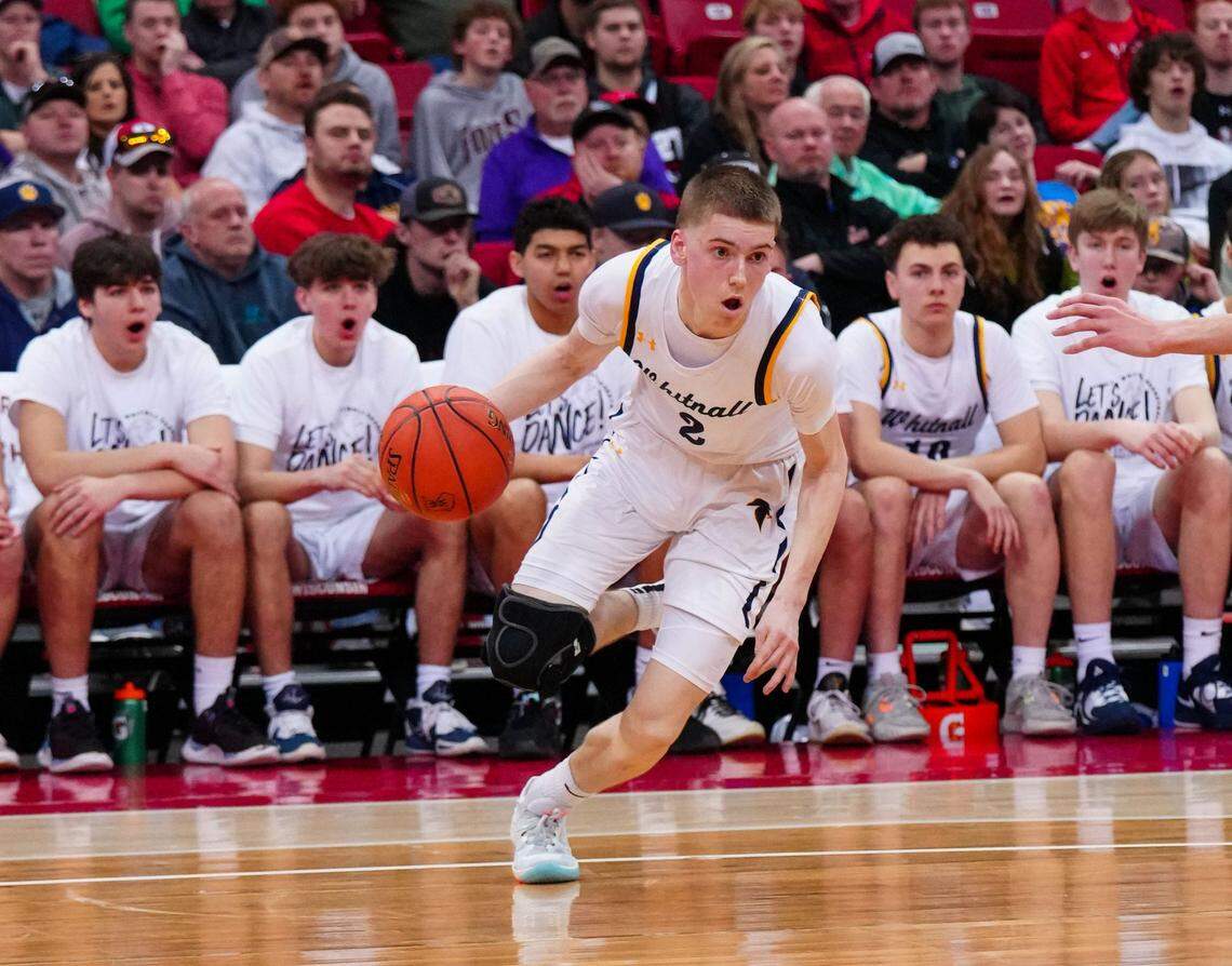 Whitnall's Myles Herro (2) breaks from the corner during the WIAA Division 2 state boys basketball semifinal against La Crosse Central at the Kohl Center in Madison on Friday, March 17, 2023.State Bball17 0339