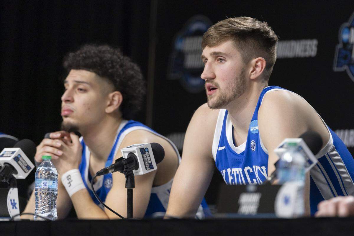 Kentucky forward Andrew Carr talks during the post game press conference after the Wildcats’ loss to Tennessee in the Sweet 16 round of the NCAA Tournament.