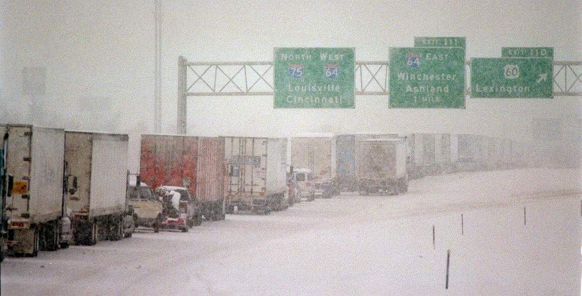 Traffic was a standstill for the northbound lane of I-75 approaching the Winchester Road exit and the I-64 split Feb. 4, 1998 due to numerous jack-knifed tractor trailers. For three days, as much as 22 inches of snow wreaked havoc across Central and Eastern Kentucky, claiming 10 lives, collapsing roofs, taxing weary emergency crews and bringing interstates to a standstill forcing people to either sleep in their cars or abandoned their vehicles.
