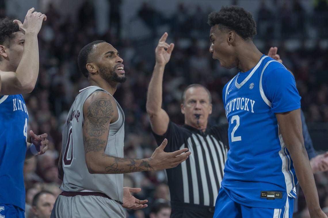 Kentucky guard Jaxson Robinson (2) reacts after being fouled while shooting during Saturday’s win against Mississippi State.