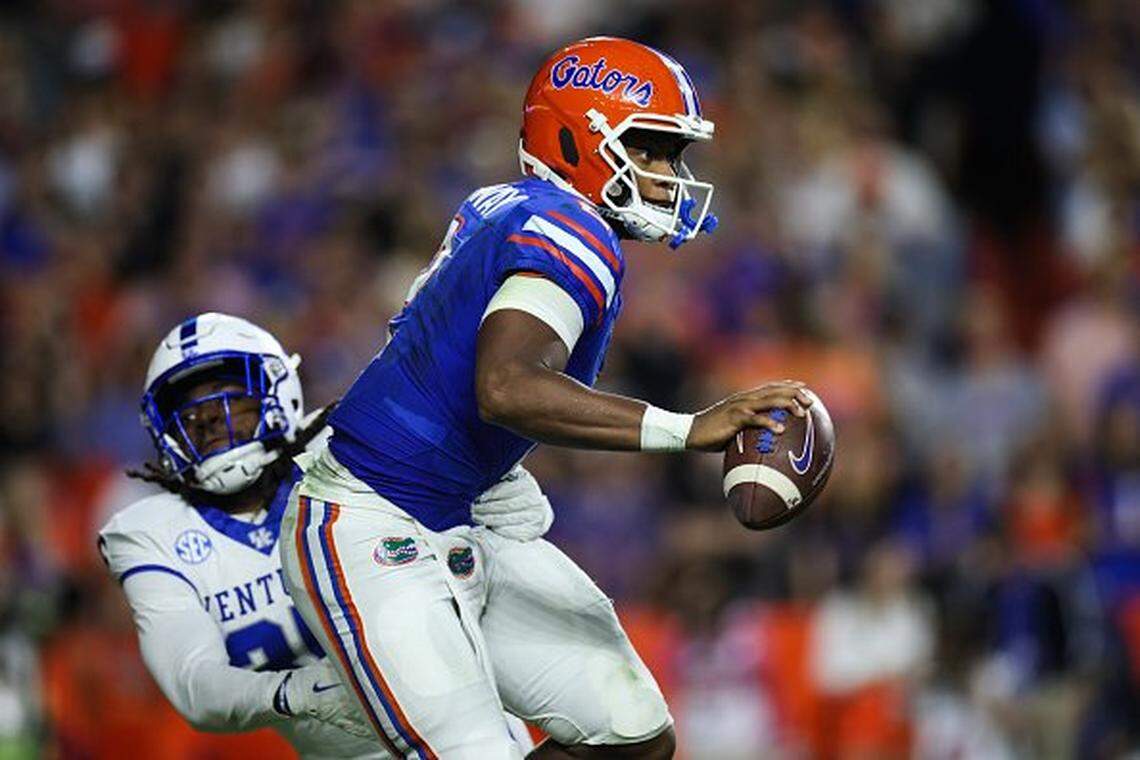 GAINESVILLE, FLORIDA - OCTOBER 19: DJ Lagway #2 of the Florida Gators looks to pass during the first half of a game against the Kentucky Wildcats at Ben Hill Griffin Stadium on October 19, 2024 in Gainesville, Florida. (Photo by James Gilbert/Getty Images)