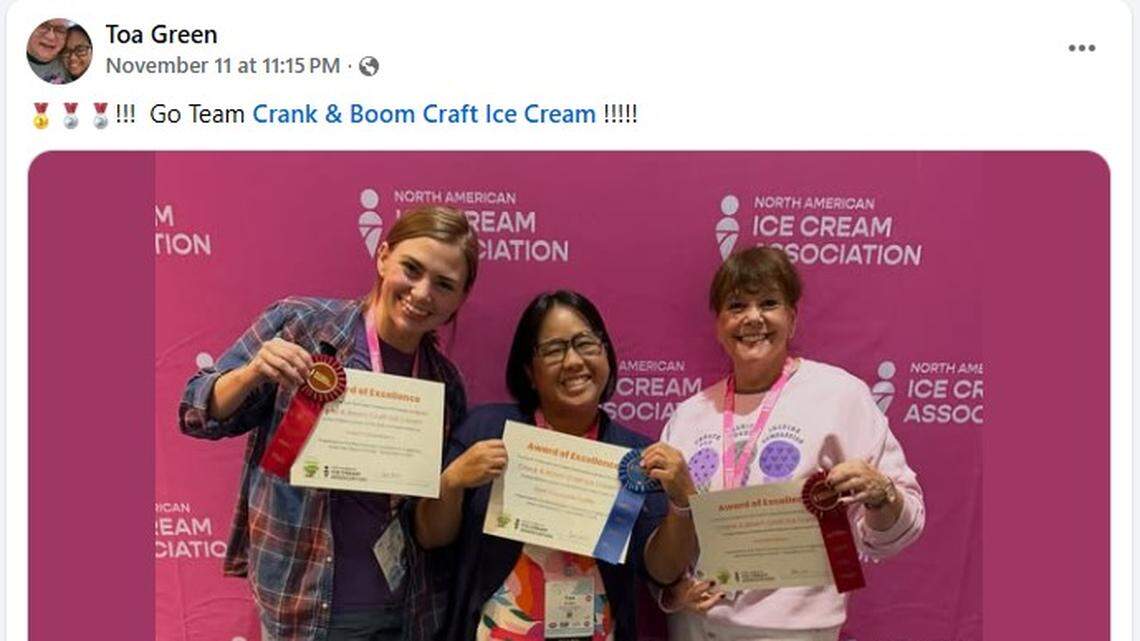 Crank and Boom Craft Ice Cream won a blue ribbon for its Dark Chocolate Truffle flavor at the recent “ConeCon” North American Ice Cream Association convention in Florida.