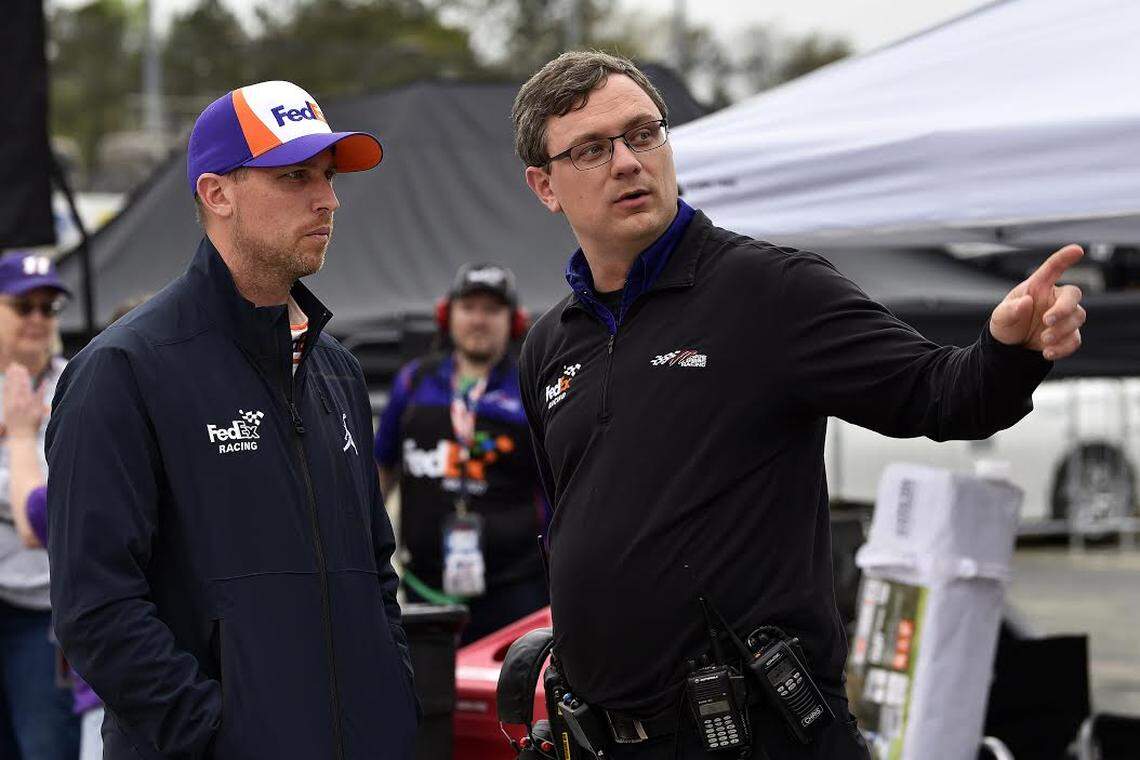 In his first year as crew chief for driver Denny Hamlin, left, Louisville product Kevin Gabehart has presided over race wins for the No. 11 FedEx Toyota at Daytona International Speedway and Texas Motor Speedway. Hamlin had entered this season on a 47-race winless stretch.