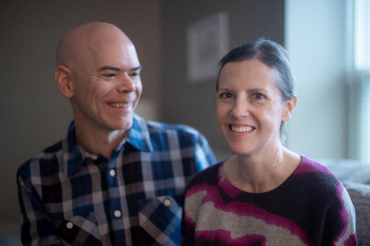 Emily Presley and her husband, Jeff, are photographed at their home in Lexington, Ky., on Tuesday, Nov. 21, 2023. Emily will spend her first Thanksgiving at home with her husband and children since 2021 after returning home from Northwestern Memorial Hospital in Chicago with new lungs.