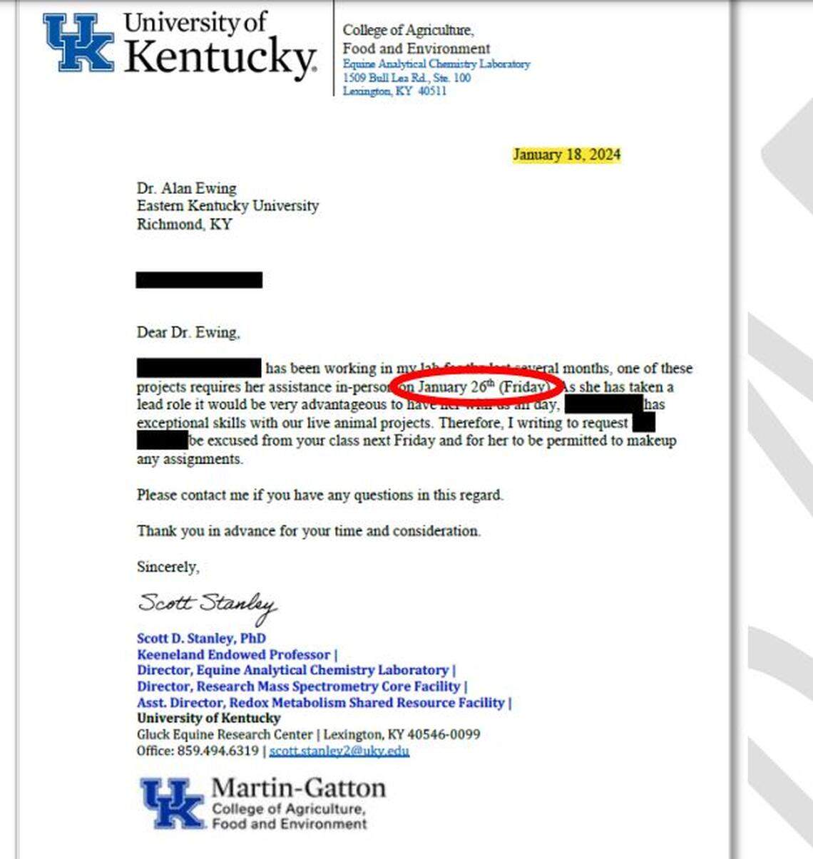Scott Stanley wrote a letter on his lab’s letterhead to a teacher of a female lab staff worker to request an excused absence for what was apparently an overnight trip to Palm Beach to the Eclipse Awards.