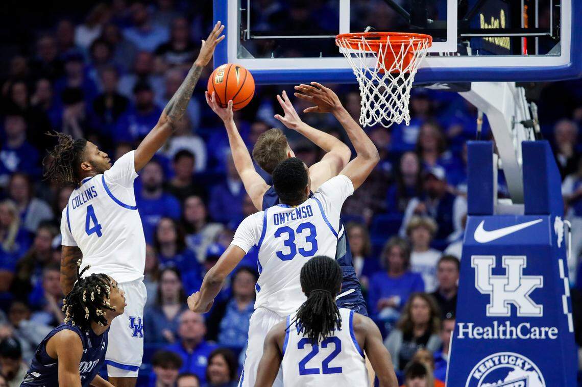 Kentucky Wildcats forward Daimion Collins (4) tries to block a shot from the North Florida Ospreys during the game at Rupp Arena in Lexington, Ky., Wednesday, November 23, 2022.