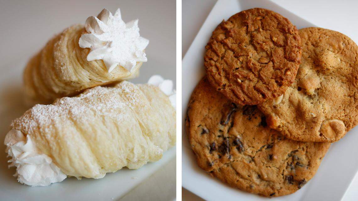 Cream horns topped with powdered sugar, left, and chocolate chip, peanut butter and white chocolate and macadamia nut cookies from Cupcake Apothecary.