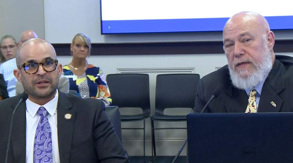 Adam Mather, left, then inspector general, testified in August 2023 to a legislative committee about Kentucky’s huge backlog in nursing home inspections alongside Eric Friedlander, right, the secretary of the Health and Family Services Cabinet.