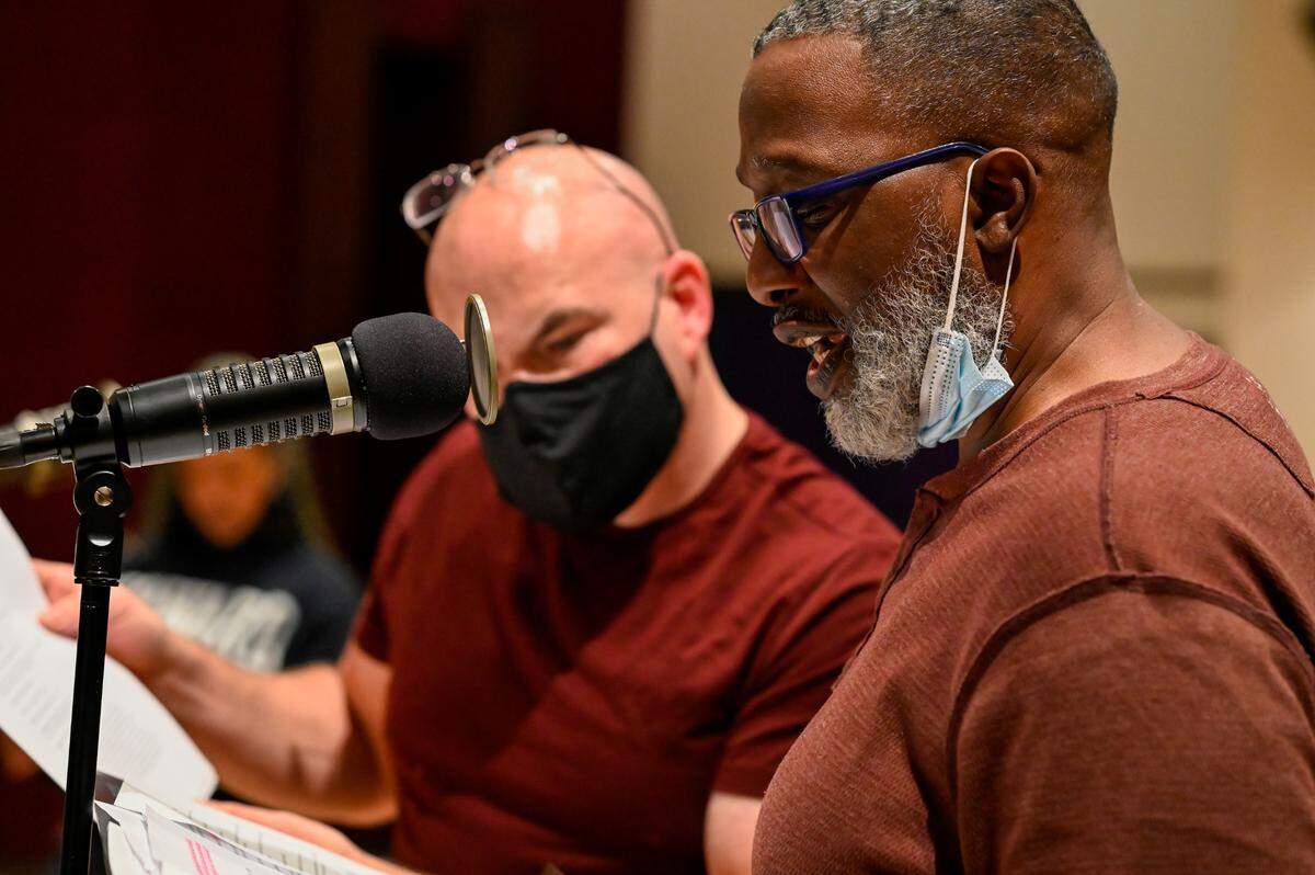 Patrick J. Mitchell as Muhammad Ali Ali consults with director Bo List in “No More Leftovers” by Frank X Walker. AthensWest Theatre Company is producing the radio play “Last-Minute Gifts” with WUKY-FM 91.3. Recording took place at the WUKY studios, 2640 Spurr Road in Lexington, Kentucky on Dec. 4 and 5, 2021. The shows air Dec. 20 and 25, 2021.