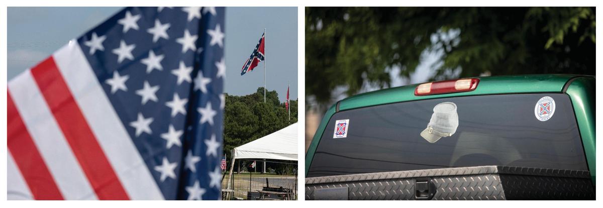 (Left) A large confederate flag flies near Interstate 24 at Arant Confederate Park in Paducah. (Right) Stickers, reading: Sons of Confederate Veterans and Mechanized Cavalry, are displayed on the back a truck outside the Lloyd Tilghman House, a Civil War museum owned by the Sons of Confederate Veterans in Paducah, Ky., Friday, July 9, 2021.