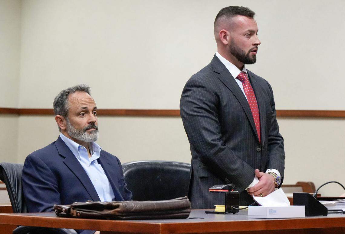 Former Kentucky Gov. Matt Bevin appears in Jefferson Family Court with attorney Zach Buckler for a hearing at which a judge approved a protective order sought by Bevin’s adoptive son, March 25, 2025.