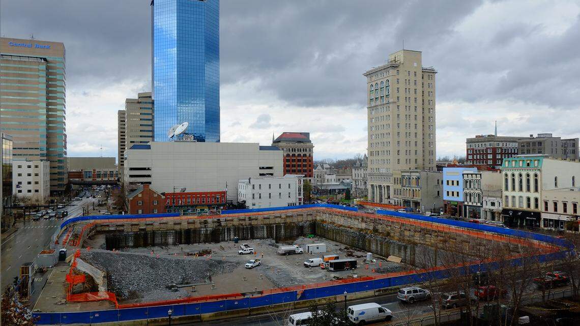 The CentrePointe block in November, after excavation crews spent nearly a year blasting and digging a deep pit for an underground parking garage.