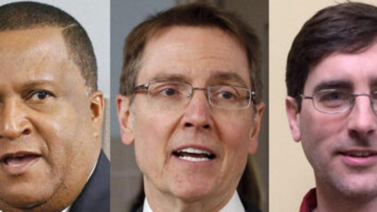 Mayoral candidates Anthany Beatty, left, incumbent Jim Gray, center, and Danny Mayer
