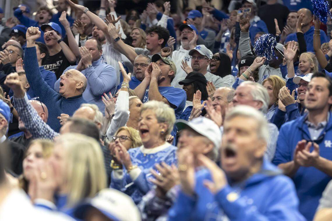 Kentucky fans cheer during a second-round NCAA Tournament game against Illinois at Fiserv Forum in Milwaukee on Sunday.