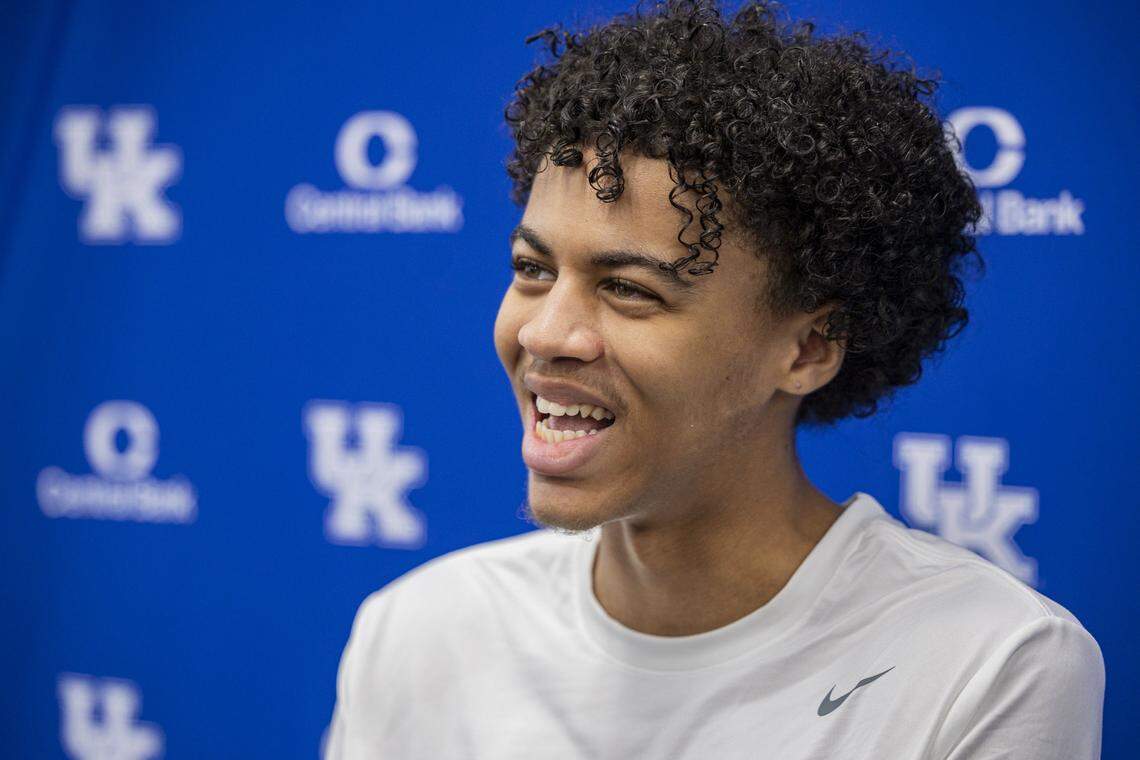 Kentucky forward Braydon Hawthorne laughs at a joke made during a media availability on July 24 at Memorial Coliseum.