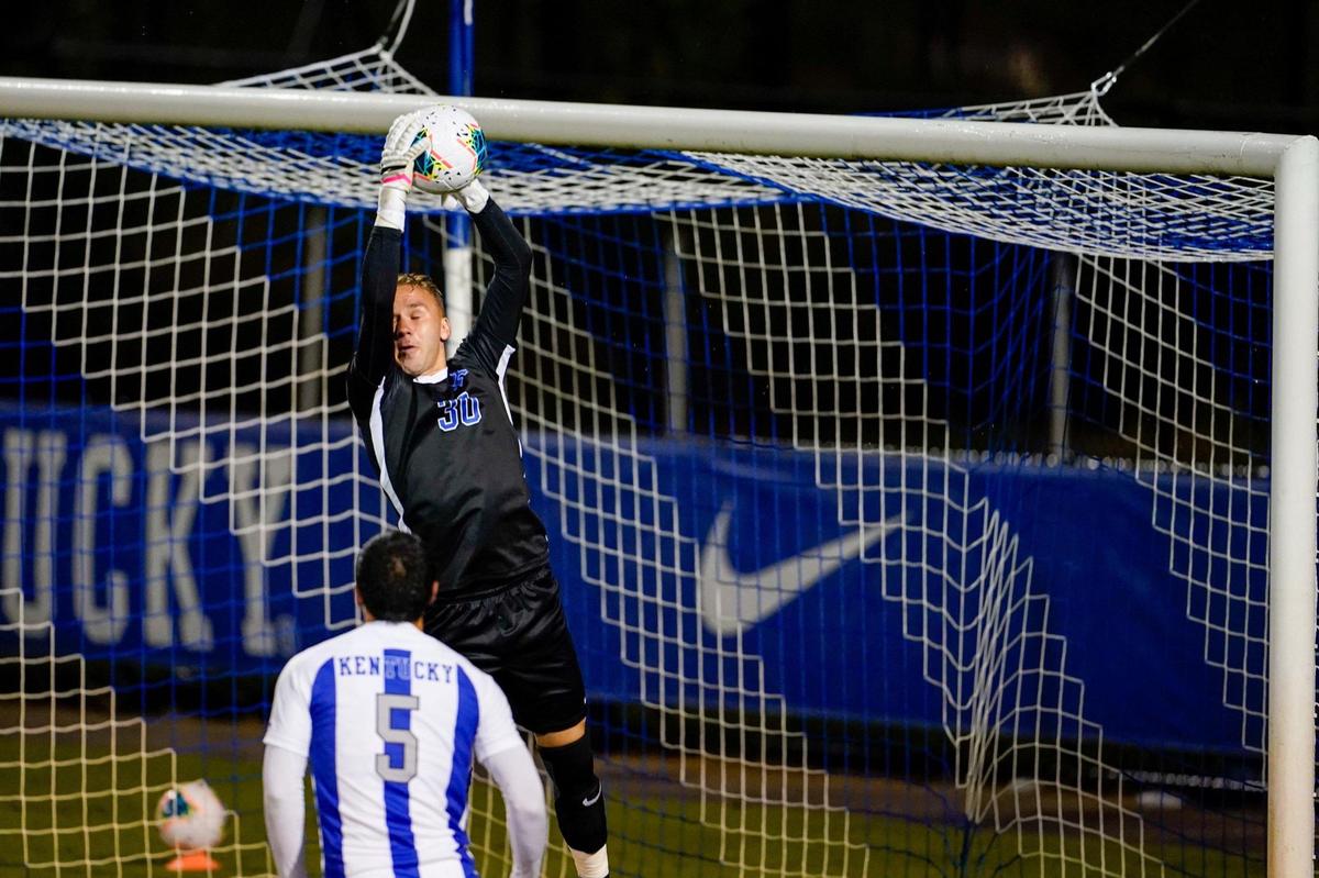 Kentucky goalie Ryan Troutman made a save as UK defeated Louisville, 3-1, at the Bell Soccer Complex on Monday Sept. 28, 2020 in Lexington, Ky. Troutman is competing with St. John’s transfer Jan Hoffelner of Germany for the starting goalkeeper spot for the Wildcats.