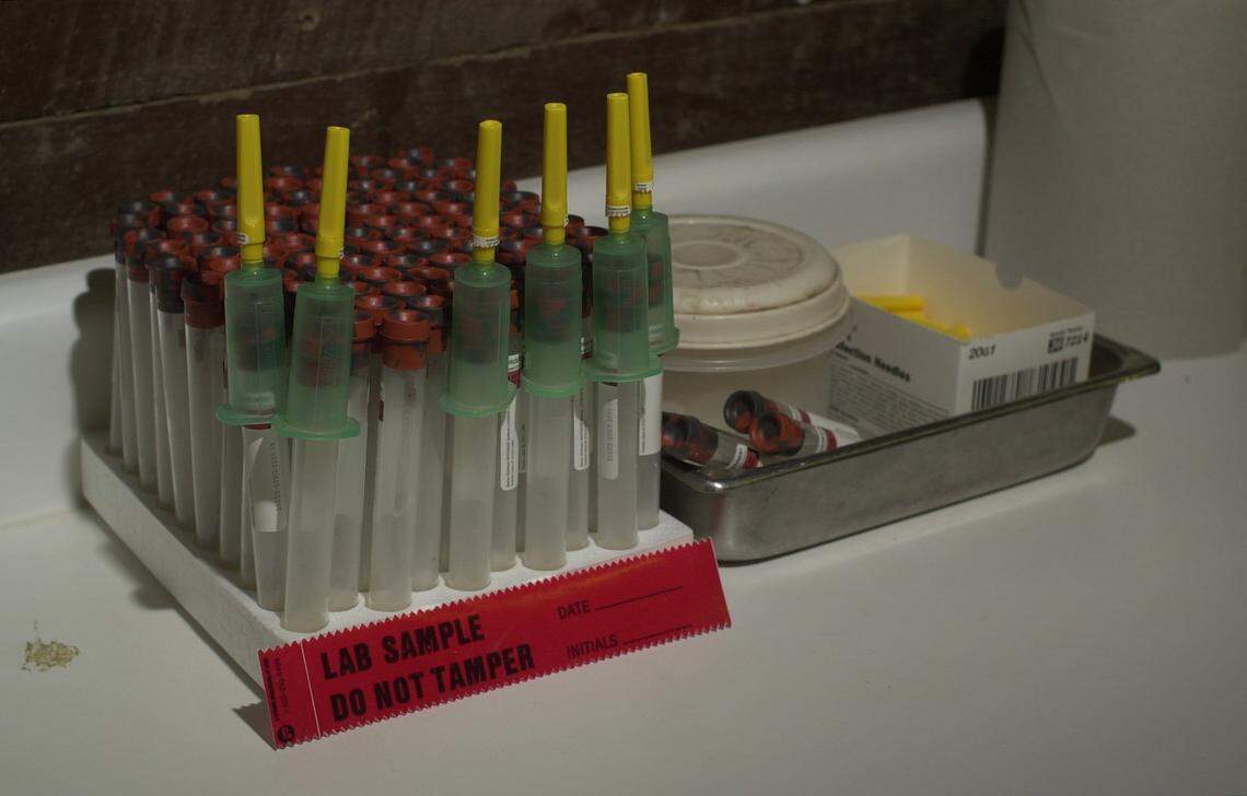 Vials and syringes sit on a counter before being used in the detention barn where urine and blood samples from select horses are taken after each race at Turfway Park racetrack in Florence, Ky., in 2000. Samples are sent to labs for screening for prohibited substances.