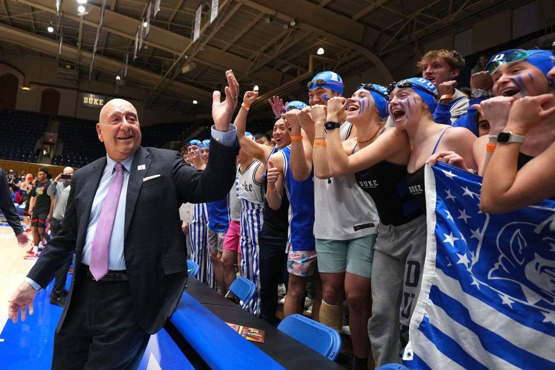DURHAM, NORTH CAROLINA - FEBRUARY 15: ESPN college basketball analyst Dick Vitale talks to the Cameron Crazies before the game between the Duke Blue Devils and the Stanford Cardinal at Cameron Indoor Stadium on February 15, 2025 in Durham, North Carolina. (Photo by Grant Halverson/Getty Images)