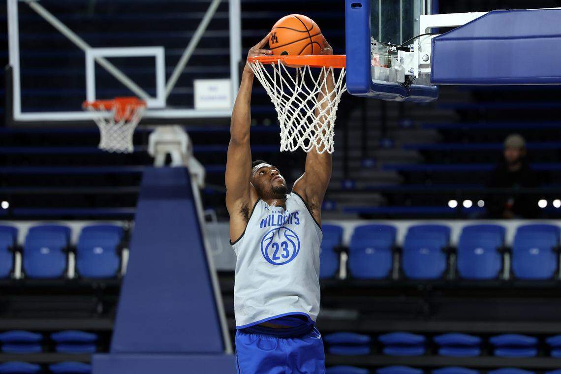 Mouhamed Dioubate (23) dunks during UK's Pro Day at Memorial Coliseum, Tuesday, Oct. 7, 2025. (Photo by James Crisp)