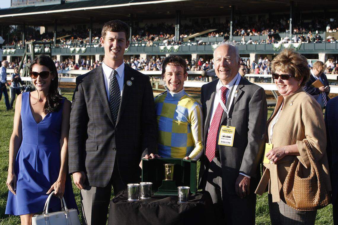 John Oxley’s Classic Empire with jockey Julien Leparoux aboard won the Claiborne Breeders’ Futurity at Keeneland in 2016. Classic Empire was the morning-line favorite in last year’s Kentucky Derby but finished fourth. This year, Oxley, standing to Leparoux’s left, has Flameaway as a possible contender.