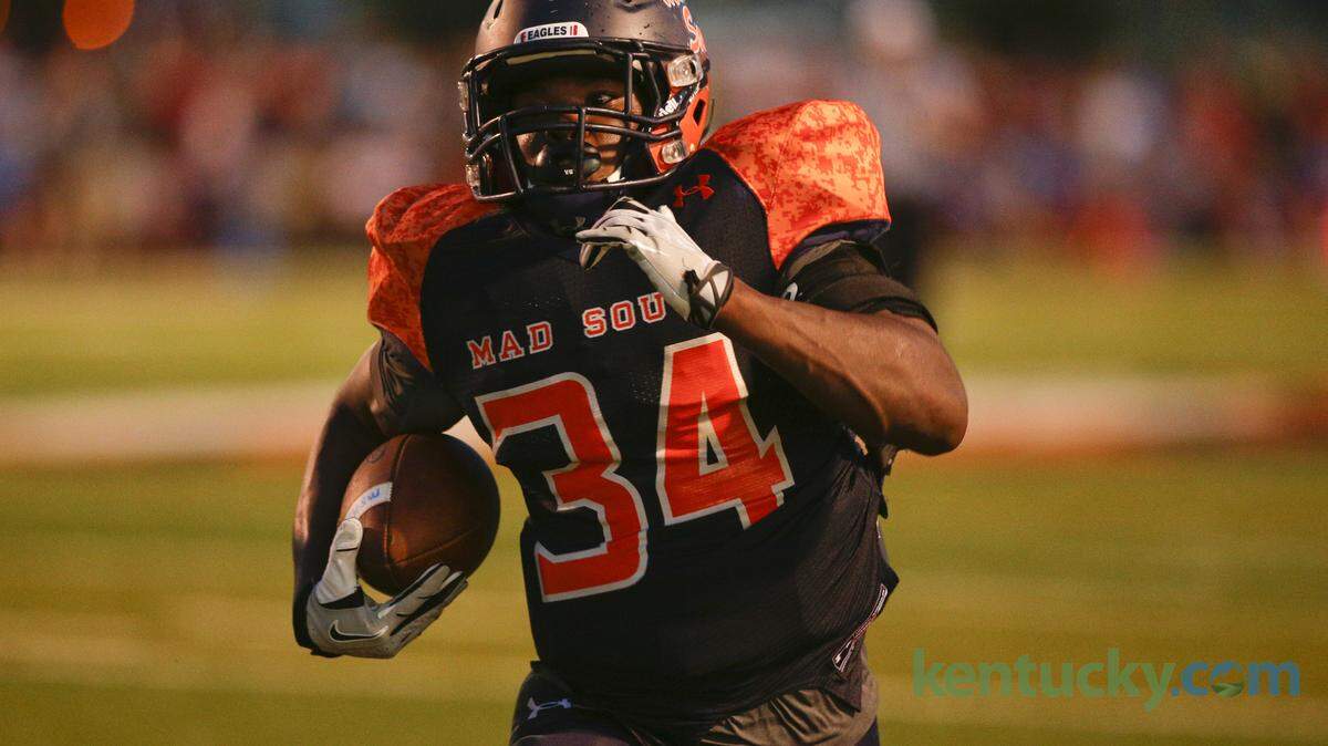 Damien Harris, shown running against Madison Central on Sept. 5, had seven TDs in Madison Southern's come-from-behind 54-51 victory over South Laurel on Friday night.