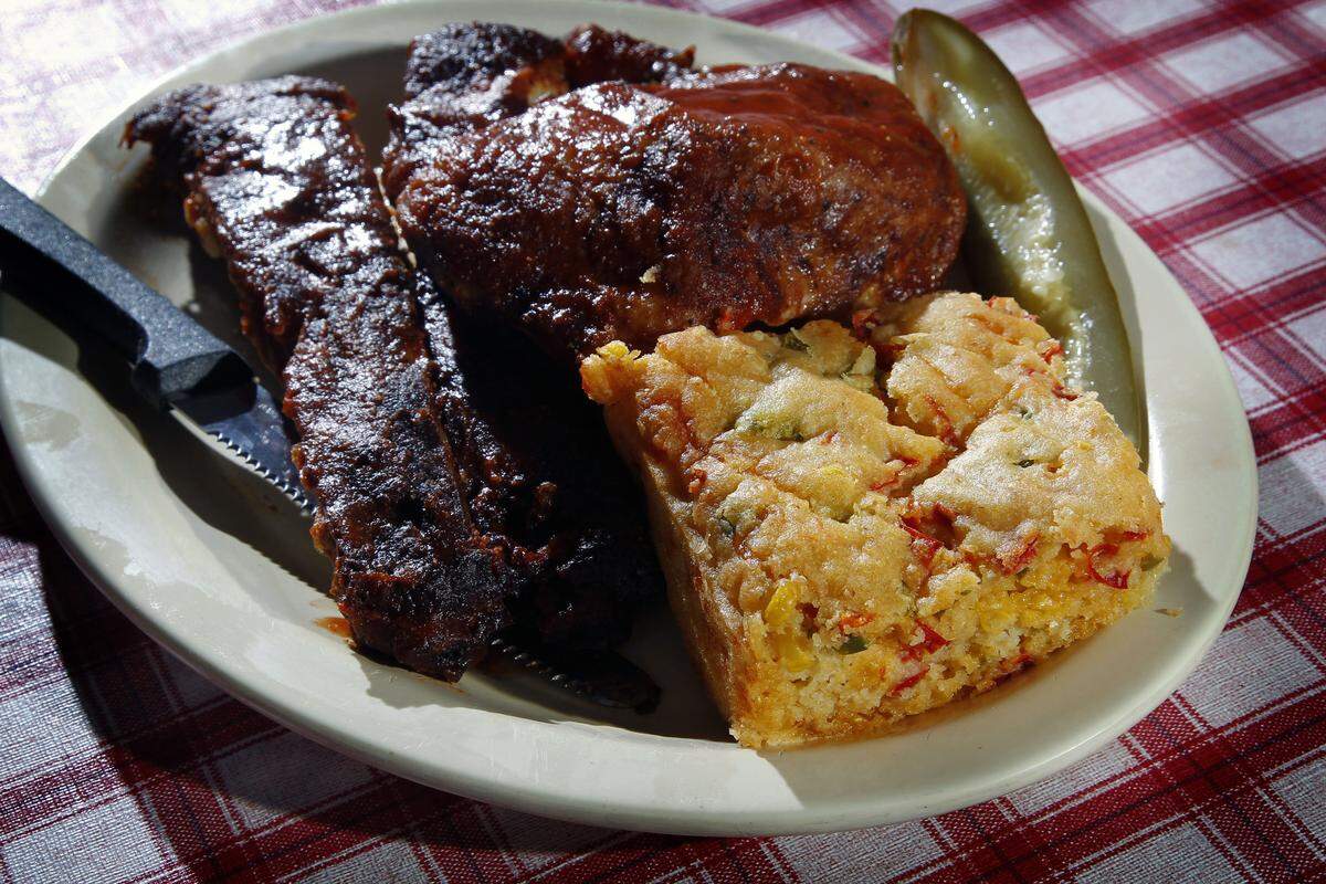 The quarter-chicken and 1/2-pound spare dinner with Mexican cornbread at Billy’s Bar-B-Q, May 7, 2013. The dinner came with choice of two sides and in 2007 cost $10.99 ($17.14 adjusted for inflation).