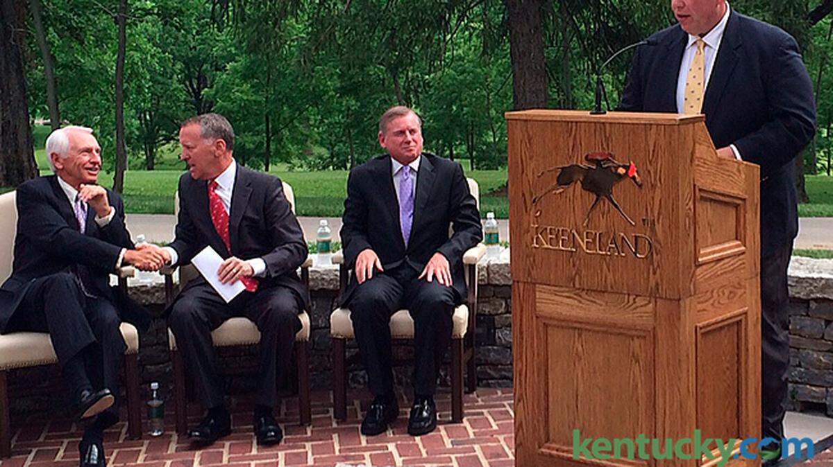 From left, Kentucky Governor Steve Beshear, Keeneland president Bill Thomason, Breeders’ Cup Chairman Bill Farish listened to Tom Leach during the official announcement that Keeneland would host the 2015 Breeders' Cup on Tuesday morning at Keeneland.