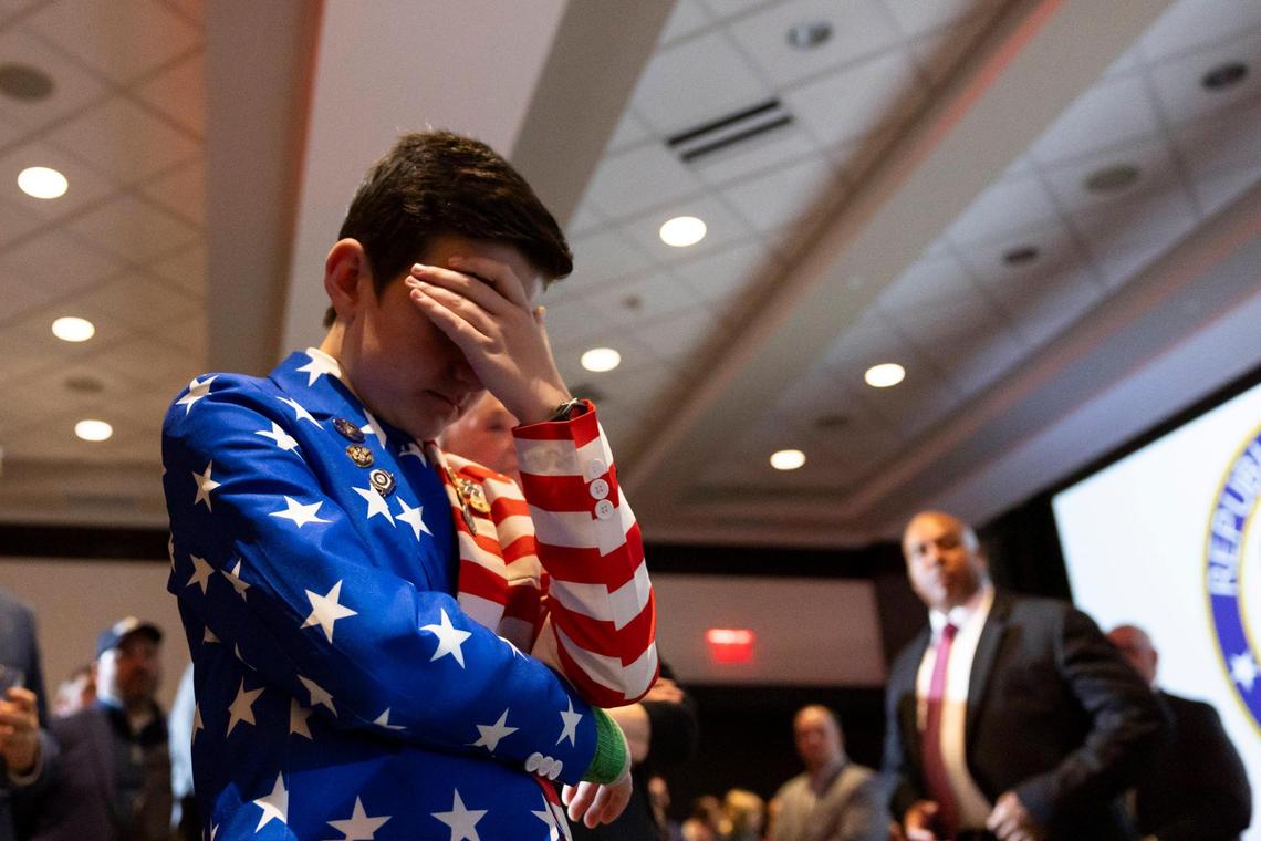 Supporters for republican gubernatorial candidate Daniel Cameron react as he gives a concession speech after the election was called at the Louisville Marriott in Louisville, Ky, Tuesday, November 7, 2023.