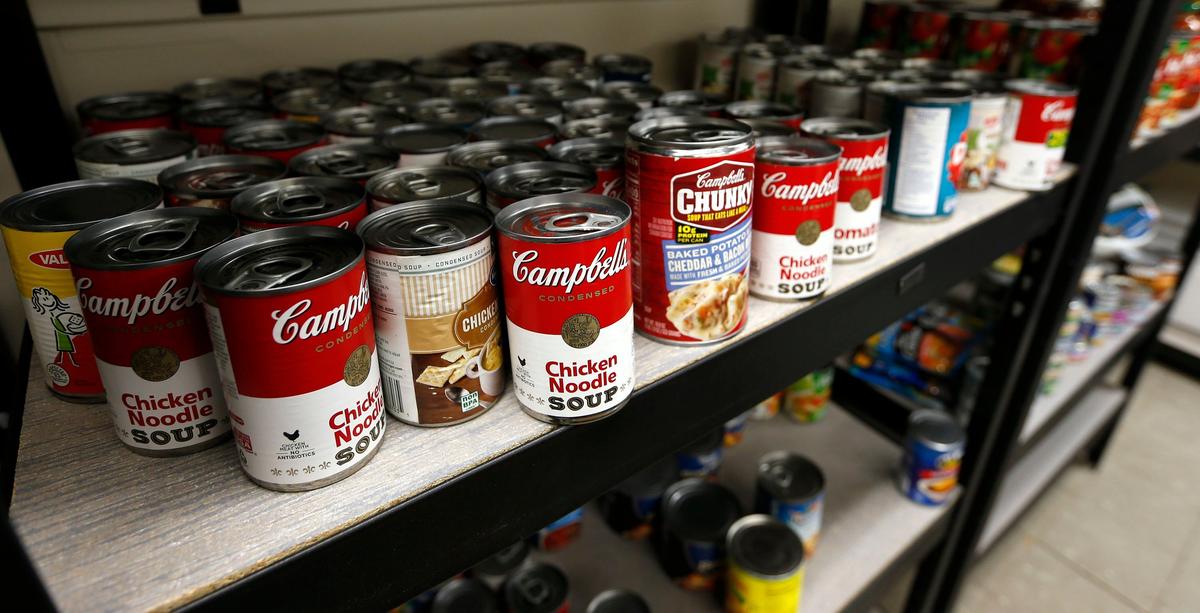 Cans of soup available for students in the Big Blue Pantry located in the basement of the White Hall Classroom Building on the University of Kentucky campus in Lexington. Students can come once a week to pick up food for free.