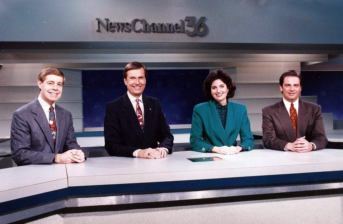 WTVQ-TV (Channel 36) broadcasters, February 1993, from left: meteorologist Brad James; anchor John Lindgren; anchor Sky Yancey; sportscaster Kenny Rice. 