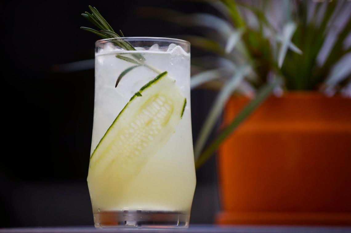 The McAdams & Morford cocktail, named for the original occupants of the historic building at 200 W. Main., is made with Wheatley vodka, house-made rosemary syrup, lime juice, a cucumber slice and club soda from Harvey’s Bar at The Grove.
