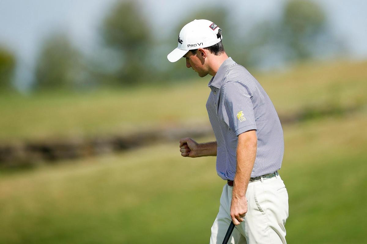Sayre’s Hayden Adams celebrates after sinking a putt to win a one-hole playoff over Madison Central’s Mason Hamrick to capture the individual title in Wednesday’s Region 9 event. Madison Central took the team crown.