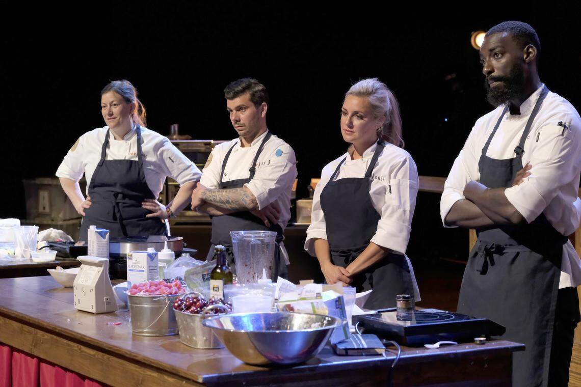 Chefs Sara Bradley, Eddie Konrad, Kelsey Barnard and Eric Adjepong fixed dishes for Hunter Hayes. He liked Sara’s and Eric’s but not Kelsey’s.