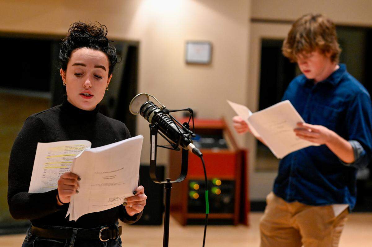 Emily Norris as Abigail and Henry Deckard as Solomon record Vivian Snipes’ ”It Ain’t Nothin’: Restore the Light” by Vivian Snipes. AthensWest Theatre Company is producing the radio play “Last-Minute Gifts” with WUKY-FM 91.3. Recording took place at the WUKY studios, 2640 Spurr Road in Lexington, Kentucky on Dec. 4 and 5, 2021. The shows air Dec. 20 and 25, 2021.