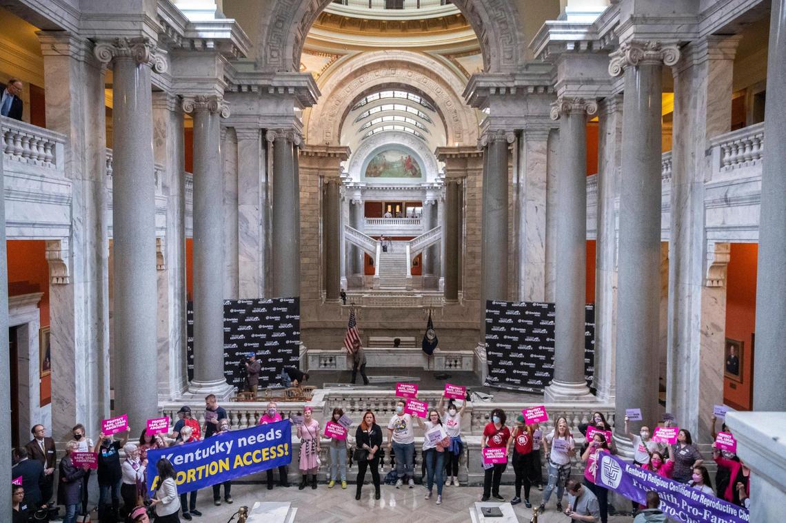Protesters gather at the Kentucky state Capitol in Frankfort, Ky., on Wednesday, April 13, 2022. Protesters chanted “Bans off our bodies” as they anticipated Kentucky Gov. Andy Beshear’s veto of a sweepingly restrictive abortion bill, HB3, would be overridden.