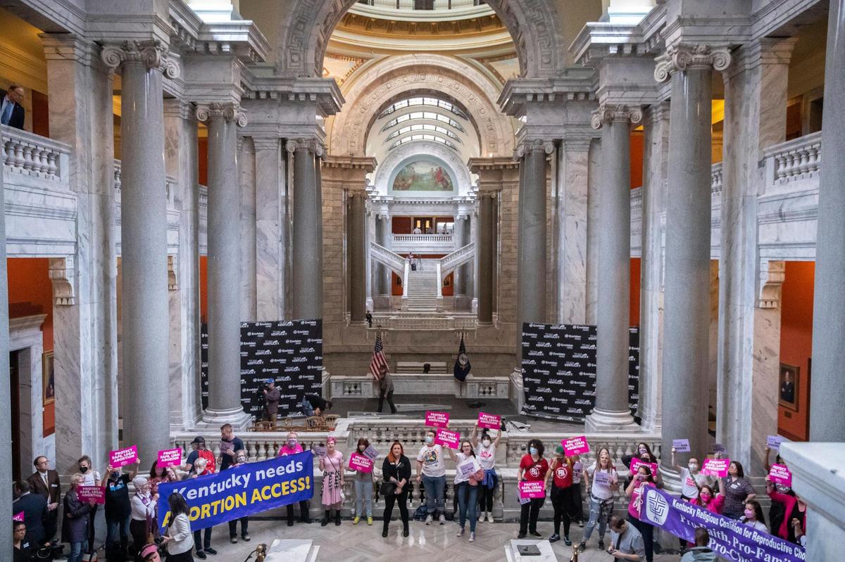 Protesters gather at the Kentucky state Capitol in Frankfort, Ky., on Wednesday, April 13, 2022. Protesters chanted “Bans off our bodies” as they anticipated Kentucky Gov. Andy Beshear’s veto of a sweepingly restrictive abortion bill, HB3, would be overridden.