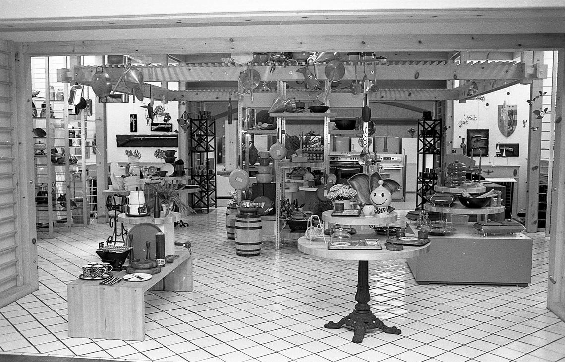 The latest in bright-colored enamel cookware and other kitchen accessories were on display in the decorative housewares section of the home furnishings department at the new Shillito’s Department Store in Fayette Mall, Oct. 4, 1971.
