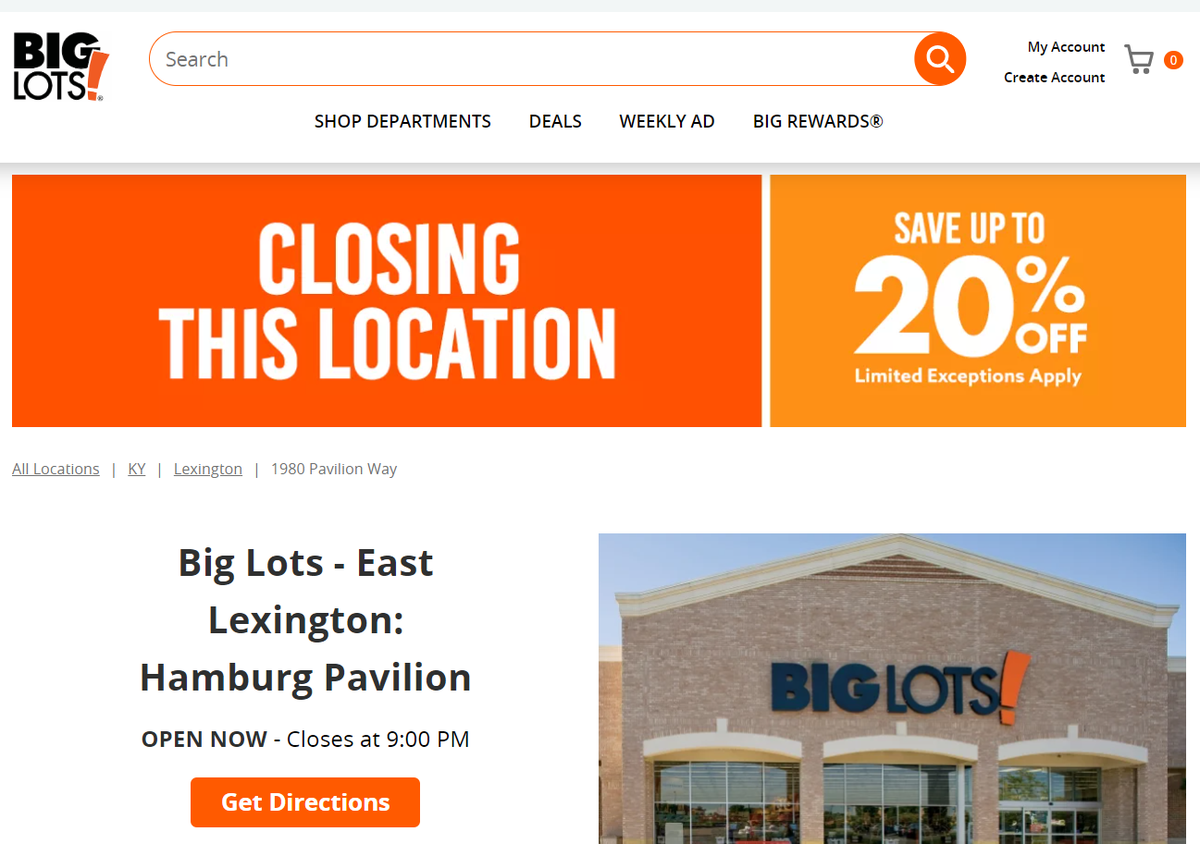 A screenshot of Big Lots' website shows that the store's Lexington location in Hamburg will soon close.