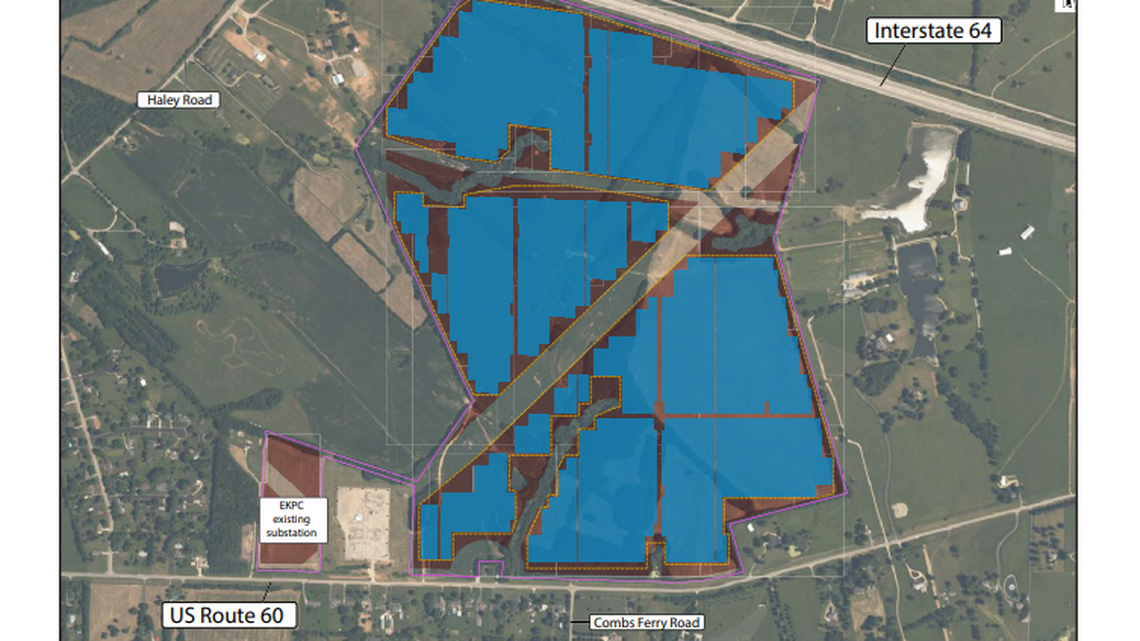 An aerial image of the plot between I-64 and U.S. 60 where East Kentucky Power Cooperative is proposing to build a 384-acre solar farm.