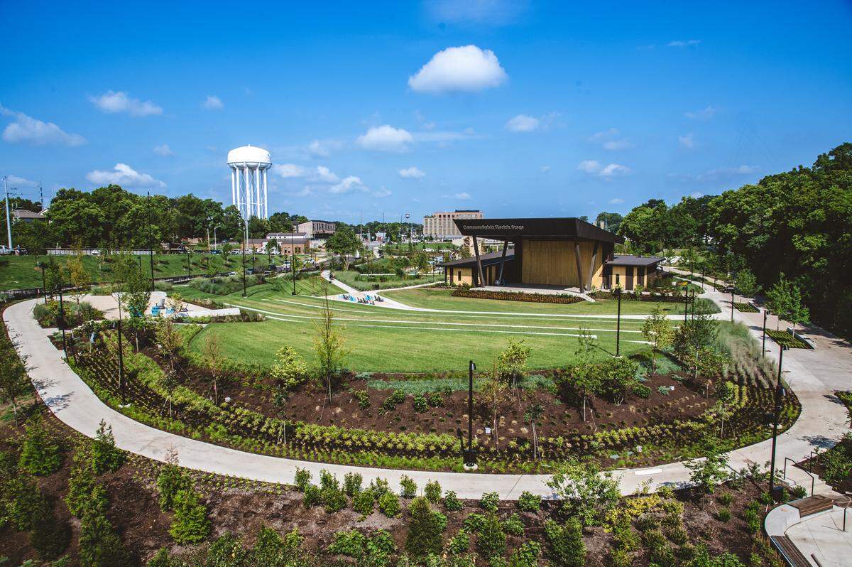 The new Gatton Park has a large outdoor stage with lawn seating areas.