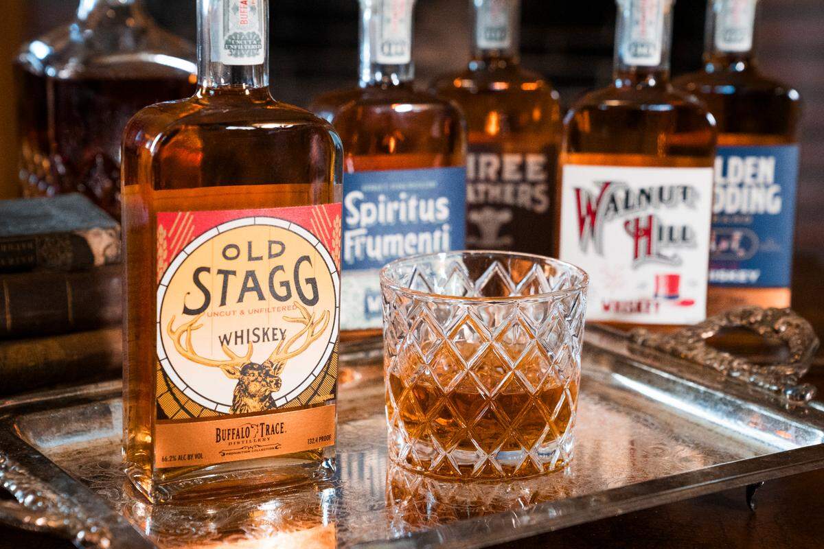 The Buffalo Trace Distillery Prohibition Collection includes five bottles labeled Old Stagg, Golden Wedding, Three Feathers, Walnut Hill and George T. Stagg Spiritus Frumenti for just under $1,000. It will be tough to find to buy in stores since it will be in limited quantities.