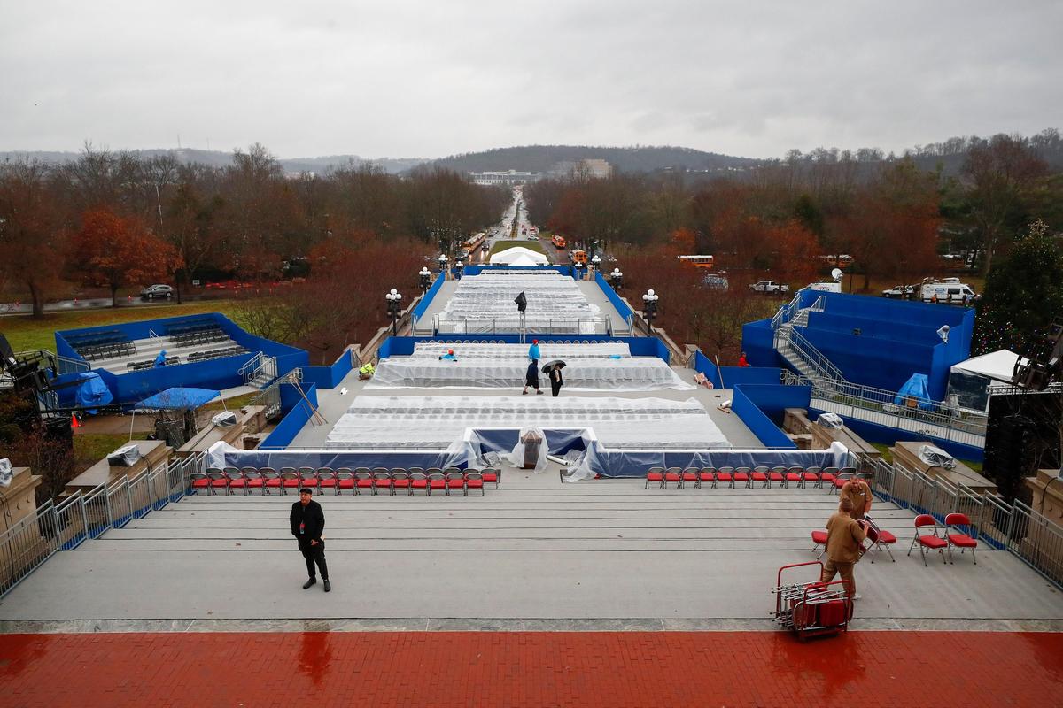 VIP seating is arranged on the steps of the state Capitol in preparation for Tuesday’s inauguration in Frankfort, Ky., Monday, Dec. 9, 2019.
