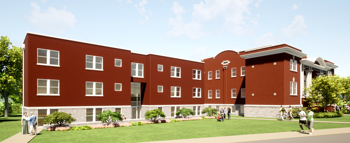 A rendering of the completed Oaks at Woodland senior affordable living housing units.