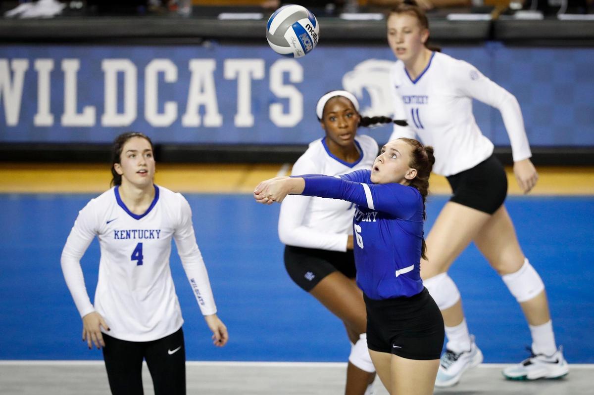 Kentucky’s Eleanor Beavin (6) bumps the ball during a game against Stanford. Beavin, a freshman who was the 2020 Gatorade Kentucky Volleyball Player of the Year, starts at libero for the Wildcats.