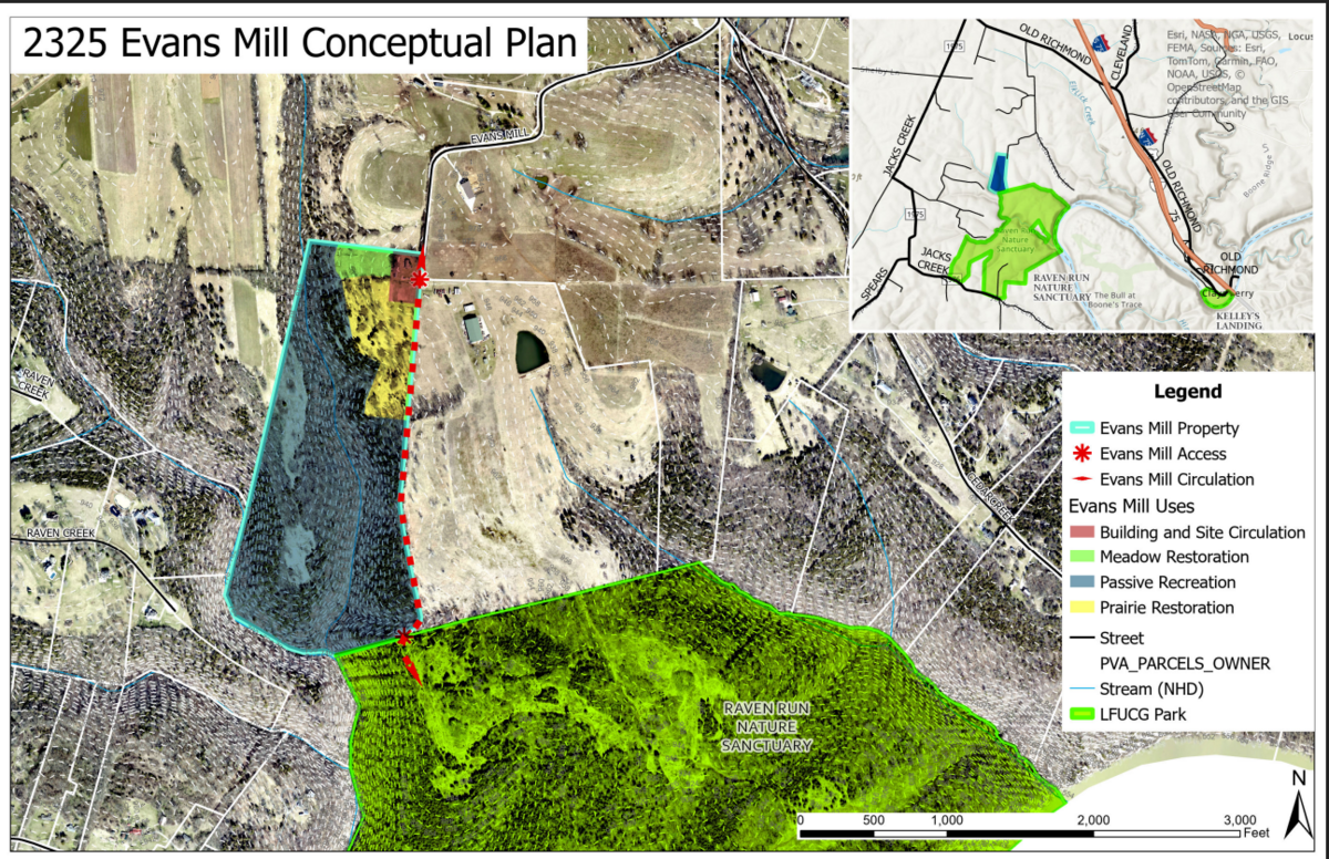 A conceptual plan shows a rough vision for how new property that will expand Raven Run Nature Sanctuary could be used.