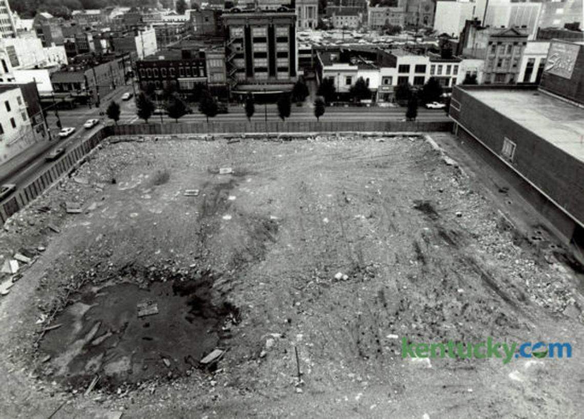 Long before the CentrePointe development another downtown block sat undeveloped and was known as the World Coal Hole by locals. Seen here in July 1983, this was the block where the Phoenix Hotel once stood. The Phoenix was demolished in 1981 and 1982 by Wallace Wilkinson, who planned to use the site to build the World Coal Center skyscraper. It was never built, and the site eventually became the Park Plaza Apartments, the downtown Public Library and Phoenix Park.