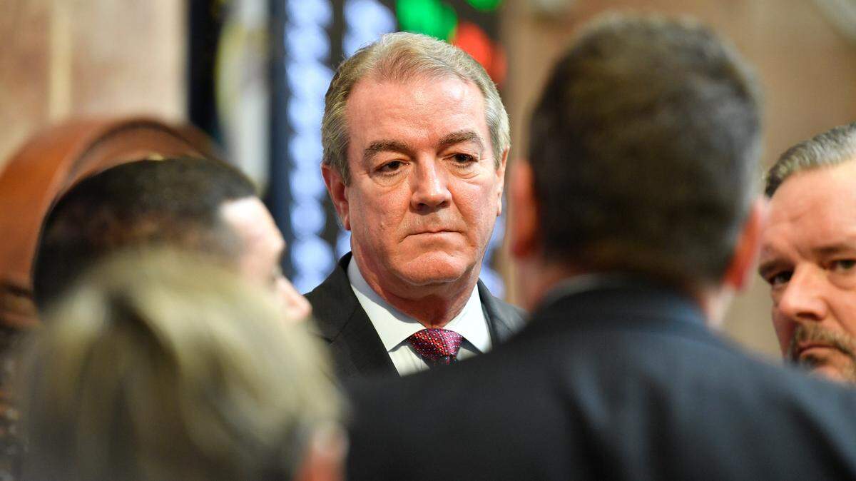 Kentucky Speaker of The House David Osborne speaks to House members during a brief recess during debate on Senate Bill 150 at the Kentucky House of Representatives in Frankfort, Ky., Thursday, March 16, 2023. (AP Photo/Timothy D. Easley)