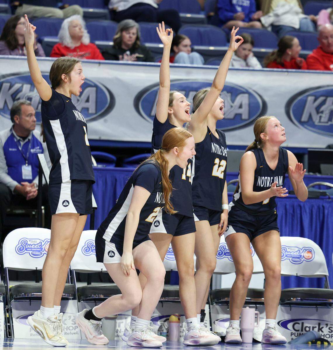 Notre Dame’s bench celebrates a Pandas 3-pointer during their Clark’s Pump-N-Shop Girls’ Basketball Sweet 16 tournament first-round game against Pikeville at Rupp Arena on Wednesday.