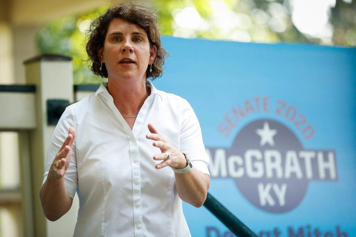 Democratic Kentucky Senate candidate Amy McGrath speaks during a campaign stop at Woodland Park in Lexington, Ky., Tuesday, Aug. 25, 2020. 